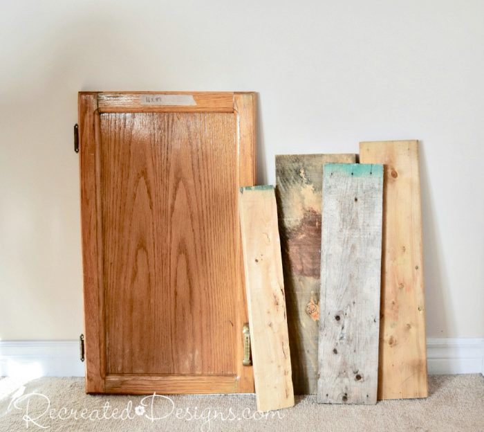 reclaimed kitchen cabinet door and wood pieces